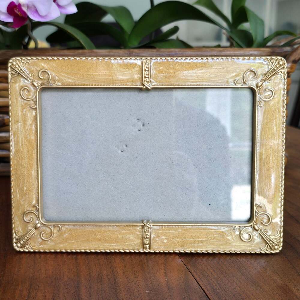 Vintage Enameled Picture Frame Easel Back Cream Gold Shimmer Decorative Classic